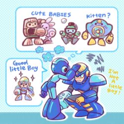 Rule 34 | 2boys, air man, android, bubble man, english text, flash man, headpat, highres, laser-lance, looking at another, mega man (character), mega man (classic), mega man (series), mega man 2, multiple boys, parted lips, speech bubble, squatting, thought bubble, wood man