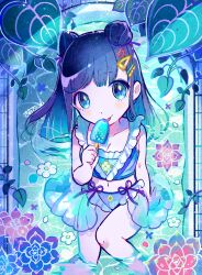 Rule 34 | 1girl, arm support, bare shoulders, bathtub, bikini, black hair, blue bikini, blue eyes, blue ribbon, blunt bangs, breasts, commentary request, double bun, feet out of frame, flower, food, frilled bikini, frills, from above, hair bun, hair ornament, hairclip, hand up, highres, holding, holding food, holding popsicle, kiato, leaf, licking, long hair, looking at viewer, original, partially submerged, pink flower, popsicle, purple flower, ribbon, signature, sitting, small breasts, smile, solo, swimsuit, tile floor, tiles, tongue, tongue out, water, white flower