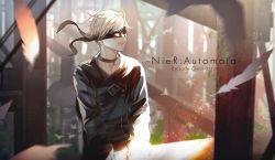 Rule 34 | 1boy, 9s (nier:automata), bird, black blindfold, black choker, black coat, black gloves, blindfold, blurry, blurry background, blurry foreground, buttons, choker, coat, copyright name, covered eyes, double-breasted, falling feathers, feathers, gloves, nier:automata, nier (series), outdoors, pink lips, post-apocalypse, ruins, short hair, sitting, smile, solo, steel beam, strap, tomanattsu, white hair