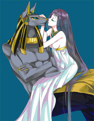 Rule 34 | 1boy, 1girl, anput, anubis (mythology), black hair, blue eyes, blunt bangs, breasts, claws, closed eyes, collar, crossed arms, dress, egyptian, egyptian mythology, eyeliner, eyeshadow, furry, furry male, headdress, husband and wife, jewelry, long hair, lots of jewelry, makeup, muscular, mythology, necklace, nipples, original, pale skin, small breasts, syaxxx, topless, very long hair, white dress, wolf