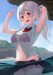 Rule 34 | 1girl, absurdres, arms up, bikini, bikini under clothes, black skirt, blue shirt, blue sky, blush, bow, bowtie, breasts, bush, buttons, cloud, cloudy sky, collared shirt, commentary request, day, eyes visible through hair, fingernails, grey hair, hair between eyes, hands up, highres, kanpa (campagne 9), light, long fingernails, long hair, looking at viewer, medium breasts, navel, no headwear, open mouth, original, outdoors, pink bikini, pink bow, ponytail, red bow, red bowtie, red eyes, sand, scales, school uniform, see-through, shadow, shirt, short sleeves, skirt, sky, smile, solo, standing, swimsuit, teeth, tongue, water, wet, wet clothes, wet shirt