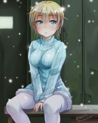 Rule 34 | 10s, 1girl, artist name, bad id, bad twitter id, blonde hair, blue eyes, blue sweater, brave witches, breasts, haruhata mutsuki, looking at viewer, military, military uniform, nikka edvardine katajainen, pantyhose, parted lips, ribbed sweater, short hair, signature, sitting, snow, solo, sweater, twitter username, uniform, v arms, white pantyhose, world witches series