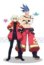 Rule 34 | 2boys, bad id, bad twitter id, baggy pants, blue eyes, blue hair, boots, character name, crossed arms, galo thymos, gloves, green hair, hand on own hip, highres, jacket, lio fotia, male focus, multiple boys, pants, promare, purple eyes, topless male, short hair, side-by-side, smile, soraironeko, spiked hair