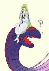 Rule 34 | 1other, ?, animal, barefoot, covered mouth, eating, enkidu (fate), fate/grand order, fate (series), food, giant snake, gorgon (fate), green hair, hands up, holding, holding food, jewelry, kingu (fate), long hair, long sleeves, looking afar, looking ahead, medusa (fate), necklace, nuso, out of frame, oversized animal, purple eyes, purple hair, rider, robe, sandwich, simple background, sitting, snake hair, very long hair, white robe, yellow background