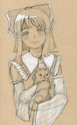 1girl animal bow cat decafbullet detached_sleeves graphite_(medium) hair_bow hair_tubes hakurei_reimu highres holding holding_animal holding_cat looking_at_viewer monochrome sidelocks sketch touhou traditional_media