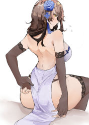 Rule 34 | 1girl, absurdres, ass, back, backless dress, backless outfit, bare shoulders, black panties, black thighhighs, brown eyes, brown hair, dress, elbow gloves, fingerless gloves, flower, from behind, girls&#039; frontline, gloves, hair flower, hair ornament, highres, kyoyakyo, lace trim, long hair, looking back, official alternate costume, panties, pelvic curtain, sitting, solo, thighhighs, thighs, thong, type 95 (girls&#039; frontline), type 95 (narcissus) (girls&#039; frontline), underwear, white dress