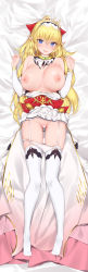 Rule 34 | 1girl, ascot, bare shoulders, black bow, blonde hair, blue eyes, blush, bow, bracelet, breasts, censored, clothes lift, dakimakura (medium), detached sleeves, dress, elf, from above, full body, garter straps, gradient clothes, heart, heart censor, highres, jewelry, large breasts, long hair, looking at viewer, lying, miniskirt, necklace, nipples, on back, original, panties, panty pull, parted lips, pleated skirt, pointy ears, ponytail, red bow, ring, skindentation, skirt, skirt lift, smile, solo, strapless, strapless dress, sweat, thighhighs, tiara, underwear, very long hair, white dress, white skirt, white thighhighs, yaman, zettai ryouiki
