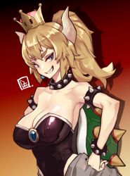 Rule 34 | 1girl, absurdres, armlet, armpits, bare shoulders, black collar, black dress, black nails, blonde hair, blue gemstone, borrowed design, bowsette, bracelet, breasts, cleavage, collar, crown, dress, duto, earrings, fingernails, from side, gem, gender request, genderswap, gradient background, hair between eyes, half-closed eyes, hands on own hips, highres, horns, jewelry, large breasts, leotard, long fingernails, looking at viewer, mario (series), nail polish, new super mario bros. u deluxe, nintendo, orange background, parted bangs, pointy ears, red background, sharp teeth, signature, smile, solo, spiked armlet, spiked bracelet, spiked collar, spiked shell, spikes, strapless, strapless dress, super crown, teeth, thick eyebrows, transformation, turtle shell, v-shaped eyebrows