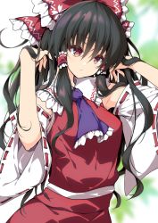 Rule 34 | ascot, bare shoulders, black hair, blue ascot, bow, brown eyes, collared shirt, detached sleeves, frilled bow, frilled shirt collar, frills, hair bow, hair over shoulder, hair tubes, hakurei reimu, hands in hair, looking to the side, medium hair, nontraditional miko, phantasmagoria of flower view, raised eyebrows, red bow, red shirt, red skirt, ribbon-trimmed sleeves, ribbon trim, sakurame, shirt, sidelocks, skirt, skirt set, sleeveless, sleeveless shirt, solo, touhou, upper body