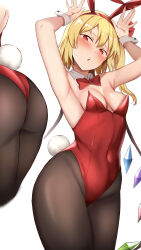 Rule 34 | 1girl, absurdres, animal ears, armpits, ass, black pantyhose, blonde hair, blush, bow, bowtie, breasts, cleavage, cowboy shot, crystal, detached collar, flandre scarlet, groin, highres, leotard, medium breasts, medium hair, multiple views, nagomian, open mouth, pantyhose, rabbit ears, rabbit pose, rabbit tail, red bow, red bowtie, red eyes, red leotard, simple background, standing, sweatdrop, tail, touhou, white background, wings, wrist cuffs