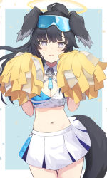 Rule 34 | 1girl, angel, animal ears, bare shoulders, black hair, blue archive, blue background, blush, border, breasts, cheerleader, cleavage, cowboy shot, crop top, dog ears, dog girl, dog tail, eyewear on head, goggles, goggles on head, halo, hands up, hibiki (blue archive), hibiki (cheer squad) (blue archive), highres, holding, holding pom poms, kiukoma, long hair, looking at viewer, medium breasts, midriff, millennium cheerleader outfit (blue archive), miniskirt, navel, open mouth, pleated skirt, pom pom (cheerleading), pom poms, ponytail, shirt, skirt, sleeveless, sleeveless shirt, solo, standing, tail, thighhighs, white skirt