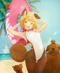 Rule 34 | 1girl, animal ears, arms behind back, beach, black pantyhose, blonde hair, bob cut, braid, breasts, cloud, competition swimsuit, day, dog, dog ears, dog girl, dog tail, erune, fang, flower, granblue fantasy, hair flower, hair ornament, highres, hikimayu, holding, holding swim ring, inflatable toy, innertube, masato (mirai koubou), ocean, one-piece swimsuit, open mouth, palm tree, pantyhose, pantyhose under swimsuit, puppy, short hair, small breasts, smile, swim ring, swimsuit, tail, thighs, tree, vajra (granblue fantasy), yellow eyes
