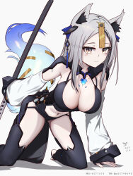 Rule 34 | 1girl, absurdres, all fours, animal ear fluff, animal ears, black hair, blush, breasts, cleavage, detached sleeves, fox ears, fox girl, fox tail, grey hair, highres, holding, holding weapon, large breasts, long hair, long sleeves, looking at viewer, multicolored hair, navel, original, qiaogun damodao, simple background, solo, stirrup legwear, streaked hair, tail, toeless legwear, two-tone hair, very long hair, weapon, white background, yellow eyes