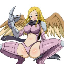 Rule 34 | 1girl, armor, ass, blonde hair, blush, breasts, claws, digimon, digimon (creature), digimon frontier, female focus, green eyes, large breasts, long hair, looking at viewer, medium breasts, navel, open mouth, orimoto izumi, panties, scarf, shoulder armor, shutumon, shutumon (cosplay), smile, solo, thighhighs, underwear, wings