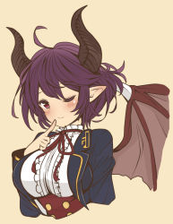 Rule 34 | 1girl, ahoge, amano haruka (sakogamitokuan), blush, breasts, commentary request, cropped torso, dragon girl, dragon horns, dragon wings, finger to mouth, granblue fantasy, grea (shingeki no bahamut), horns, large breasts, one eye closed, pointy ears, purple hair, red eyes, shingeki no bahamut, short hair, simple background, smile, solo, wings