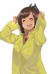 Rule 34 | 10s, 1girl, :d, blush, brown eyes, brown hair, closed eyes, hair ornament, highres, i-401 (kancolle), kantai collection, open mouth, raincoat, simple background, smile, solo, teeth, upper body, wataro (watawatawatapon), white background
