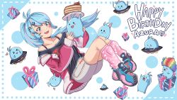 Rule 34 | 1girl, absurdres, azura cecillia, bike shorts, black shirt, blue hair, breasts, cake, cleavage, clown wig, floating, floating hair, food, gift, grey shorts, hair behind ear, happy birthday, highres, holding, indonesian commentary, jacket, kirainfo, long hair, mixed-language commentary, multicolored hair, nijisanji, nijisanji id, off-shoulder shirt, off shoulder, open mouth, pink footwear, pink hair, pink ribbon, ponytail, rainbow hair, red jacket, ribbon, shirt, shoes, shorts, sneakers, solo, streaked hair, tube socks, virtual youtuber
