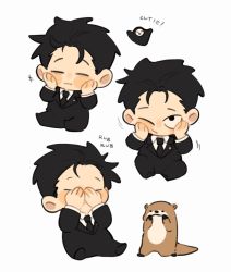 Rule 34 | 1boy, animal, black eyes, black hair, black jacket, black necktie, black pants, black suit, chibi, closed eyes, closed mouth, commentary, covering face, formal, hands on own face, highres, higuruma hiromi, jacket, jujutsu kaisen, long sleeves, looking at viewer, male focus, multiple views, necktie, nnaramonn, one eye closed, otter, pants, short hair, simple background, sitting, suit, symbol-only commentary, white background