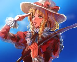 Rule 34 | 1girl, absurdres, arm up, blonde hair, blue background, bow, collar, collared dress, commentary request, dress, drill hair, elly (touhou), fingernails, frilled collar, frilled sleeves, frills, frown, half-closed eyes, hand up, hat, hat bow, highres, holding, juliet sleeves, kuya (hey36253625), lips, long fingernails, long sleeves, neck ribbon, outstretched hand, over shoulder, parted bangs, parted lips, puffy sleeves, red bow, red dress, red ribbon, ribbon, salute, short hair, sidelocks, solo, sweat, touhou, touhou (pc-98), upper body, white hat, yellow eyes