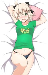 Rule 34 | 1girl, absurdres, ahoge, arms up, bed sheet, black bow, black panties, blush, bow, breasts, clothes writing, collarbone, commentary request, drooling, fate/grand order, fate (series), green eyes, green shirt, hair between eyes, hair bow, head tilt, highres, koha-ace, light brown hair, long hair, looking at viewer, lying, medium breasts, mitiru ccc2, navel, no pants, nose blush, okita souji (fate), okita souji (koha-ace), on back, one eye closed, panties, pillow, saliva, shirt, short sleeves, solo, underwear, waking up