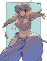 Rule 34 | 1girl, blouse, breasts, commentary, copyright request, fingerless gloves, gloves, hip vent, holding, holding sword, holding weapon, japanese clothes, knife, midriff, mixed-language commentary, navel, rejean dubois, shirt, short hair, sleeveless, sleeveless shirt, solo, sword, weapon