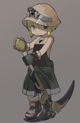 Rule 34 | 1girl, absurdres, bare shoulders, blonde hair, brown gloves, brown headwear, child, closed mouth, commentary, full body, glasses, gloves, green eyes, grey background, headlamp, helmet, highres, holding, holding pickaxe, jewelry, looking at viewer, made in abyss, mining helmet, necklace, pendant, pickaxe, riko (made in abyss), short hair, sidelocks, simple background, siroa, sleeveless, spaghetti strap, standing, v-shaped eyebrows