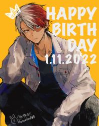 Rule 34 | 1boy, arm on knee, artist name, blue eyes, boku no hero academia, collarbone, crown, dated, elbow on knee, expressionless, foreground text, hair between eyes, happy birthday, highres, honwaka zz, long bangs, long sleeves, looking at viewer, male focus, mini crown, multicolored hair, open clothes, open shirt, parted bangs, parted hair, red hair, shirt under shirt, short hair, simple background, solo, split-color hair, squatting, todoroki shouto, twitter username, two-tone hair, white hair