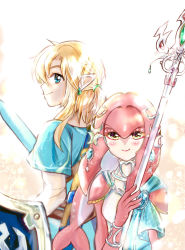 Rule 34 | 1boy, 1girl, back-to-back, blush, fins, hair ornament, head fins, highres, hylian shield, link, looking at viewer, looking back, mipha, nintendo, osseuso5833, polearm, shield, short ponytail, smile, sword, the legend of zelda, the legend of zelda: breath of the wild, trident, weapon, zora
