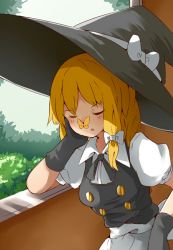 Rule 34 | 1girl, black bow, black bowtie, black gloves, black hat, black vest, blonde hair, blush, bow, bowtie, breasts, bug, butterfly, butterfly on face, buttons, closed eyes, collared shirt, commentary request, cookie (touhou), cowboy shot, day, gloves, hair bow, hand on own cheek, hand on own face, hat, hat bow, head rest, highres, indoors, insect, kinu (cookie), kirisame marisa, long hair, medium breasts, open mouth, puffy short sleeves, puffy sleeves, shirt, short sleeves, sleeping, solo, touhou, vest, white bow, white shirt, window, witch hat, yellow butterfly, yumekamaborosh