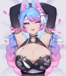 Rule 34 | 1girl, animal ear fluff, animal ears, armpits, arms behind head, blue eyes, breasts, cleavage, cleavage cutout, clothing cutout, commentary, detached sleeves, english commentary, flower, gradient hair, hair flower, hair ornament, highres, japanese clothes, kimono, large breasts, long hair, looking at viewer, lying, multicolored hair, nanoless, on back, one eye closed, petals, pink hair, silvervale, silvervale (sakura goddess), tongue, tongue out, virtual youtuber, vshojo, watermark, wolf ears, wolf girl