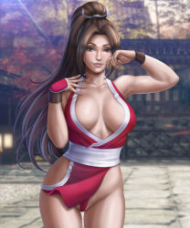 Rule 34 | 1girl, breasts, brown hair, fatal fury, flowerxl, large breasts, ponytail, shiranui mai, smile, snk, solo, the king of fighters