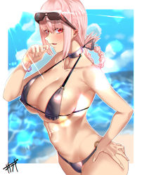 Rule 34 | 1girl, absurdres, bare shoulders, beach, bikini, blue sky, blush, bracelet, braid, braided hair rings, braided ponytail, breasts, brown bikini, choker, cleavage, collarbone, commentary request, cowboy shot, day, earrings, eyewear on head, fate/grand order, fate (series), florence nightingale (fate), frilled bikini, frilled bikini top, frills, hair ribbon, hair rings, hand on own hip, highres, jewelry, kisaragi tsurugi, large breasts, navel, o-ring, o-ring bikini, o-ring bottom, o-ring top, ocean, open mouth, pink hair, red eyes, ribbon, sand, shore, sideboob, sidelocks, single braid, sky, stud earrings, sunglasses, sunlight, swimsuit, water, white background