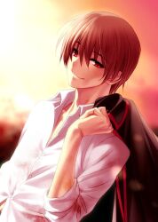Rule 34 | 1boy, black jacket, blurry, blurry background, brown hair, closed mouth, commentary request, dress, dress shirt, dutch angle, eyelashes, eyes visible through hair, hair between eyes, half-closed eyes, hand up, holding, holding clothes, holding jacket, jacket, little busters!, long sleeves, male focus, natsume kyousuke, nose, red eyes, school uniform, shirt, short hair, sidelighting, simple background, sleeves rolled up, smile, solo, sunset, upper body, white dress, zen (kamuro)