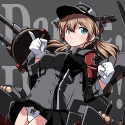 Rule 34 | 1girl, 547th sy, anchor hair ornament, aqua eyes, text background, black skirt, blonde hair, blush, breasts, clenched hand, cross, dated, german text, gloves, hair ornament, hat, highres, iron cross, kantai collection, long sleeves, low twintails, military, military hat, military uniform, panties, peaked cap, pleated skirt, prinz eugen (kancolle), rigging, signature, skirt, smile, solo, twintails, underwear, uniform, white gloves, white panties