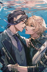 Rule 34 | ahoge, aladdin (sinoalice), beads, black gloves, blonde hair, blue eyes, bracelet, bubble, butler, buttons, choker, collared shirt, commission, coxxco12, formal, glasses, gloves, hair beads, hair ornament, hair slicked back, hameln (sinoalice), highres, hug, imminent kiss, jewelry, male focus, multicolored hair, necktie, open mouth, red eyes, second-party source, shirt, short hair, sinoalice, skeb commission, two-tone hair, underwater, yaoi