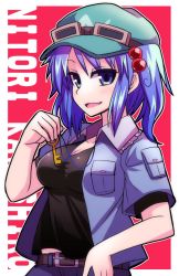 Rule 34 | 1girl, :d, belt, black shirt, blue eyes, blush, breasts, cabbie hat, character name, cleavage, denim, frilled shirt collar, frills, goggles, goggles on headwear, hair bobbles, hair ornament, hat, highres, jacket, jeans, jewelry, kawashiro nitori, key, key necklace, medium breasts, necklace, open clothes, open jacket, open mouth, pants, shirt, short sleeves, simple background, smile, solo, tanakara, touhou, tsurime, two side up