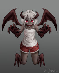 Rule 34 | &gt;:d, 1girl, :d, bare shoulders, claw pose, collarbone, dark skin, dark-skinned female, demon girl, demon horns, demon wings, fangs, grey background, grey hair, hair ornament, hairclip, horns, looking at viewer, monster girl, open mouth, original, personification, ray-k, red eyes, red shorts, shirt, short hair, shorts, signature, simple background, smile, solo, tank top, teeth, v-shaped eyebrows, white shirt, wings
