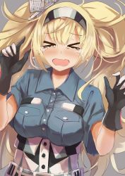 Rule 34 | &gt; &lt;, 1girl, blonde hair, blue shirt, blush, breast pocket, breasts, closed mouth, collared shirt, crying, gambier bay (kancolle), grey hair, hair ornament, headband, highres, kantai collection, konkito, large breasts, long hair, multicolored clothes, pocket, shirt, simple background, solo, twintails, twitter username, very long hair