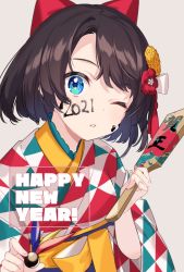 Rule 34 | 1girl, 2021, blue eyes, brown hair, hagoita, hair ornament, hanetsuki, happy new year, hololive, japanese clothes, looking at viewer, new year, nokachoco114, one eye closed, oozora subaru, oozora subaru (new year), open mouth, paddle, short hair, solo, swept bangs, triangle print, virtual youtuber
