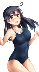 Rule 34 | 1girl, ahoge, black eyes, black hair, blue one-piece swimsuit, breasts, competition school swimsuit, cowboy shot, highres, jumping, kantai collection, large breasts, long hair, minase (takaoka nanase), one-piece swimsuit, open mouth, school swimsuit, simple background, smile, solo, swimsuit, ushio (kancolle), white background
