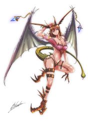 Rule 34 | 1girl, arm up, black panties, breasts, brown hair, cleavage, crystal, dragon girl, dragon horns, highres, horns, jewelry, kenco, leg belt, looking at viewer, medium breasts, midriff, navel, necklace, original, panties, personification, signature, snake head tail, snake tail, solo, stitches, tail, talons, underwear, wings