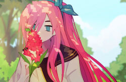 Rule 34 | 1girl, aqua eyes, aqua hairband, aubrey (faraway) (omori), aubrey (omori), black sailor collar, black shirt, blue sky, cloud, collarbone, commentary, covered mouth, english commentary, flower, hair between eyes, hairband, holding, holding flower, jacket, long hair, looking at flowers, luwwakk, omori, open clothes, open jacket, outdoors, pink hair, red flower, sailor collar, shirt, sidelocks, sky, solo, tree, upper body, white jacket