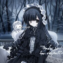 Rule 34 | 1girl, artist name, bare tree, black dress, black eyes, black hair, blurry, blurry background, bonnet, cat, closed mouth, commission, dress, drill hair, frilled dress, frills, gothic lolita, grey eyes, hajang68, heterochromia, highres, lolita fashion, long hair, long sleeves, looking at viewer, original, outdoors, ribbon, sitting, snowing, solo, tree, twitter username, upper body, watermark, white ribbon, winter