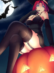 Rule 34 | 1girl, :q, bad id, bad pixiv id, bare shoulders, bat (animal), blue eyes, breasts, elbow gloves, from below, full moon, garter straps, gloves, hat, jack-o&#039;-lantern, kisaragi yakumo, large breasts, crossed legs, looking at viewer, moon, night, original, red hair, short hair, sitting, solo, tongue, tongue out, witch hat