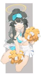 Rule 34 | 1girl, animal ears, b zhan cm yang, bare shoulders, black hair, blue archive, blue eyes, blush, breasts, cheerleader, crop top, dog ears, dog girl, dog tail, eyewear on head, goggles, goggles on head, halo, hibiki (blue archive), hibiki (cheer squad) (blue archive), highres, holding, holding pom poms, long hair, midriff, millennium cheerleader outfit (blue archive), miniskirt, navel, official alternate costume, pom pom (cheerleading), pom poms, simple background, sitting, skirt, sleeveless, solo, tail, wavy mouth, white skirt, yellow halo