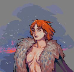 Rule 34 | 1girl, breasts, collarbone, cropped, deceiver, fur, lips, looking away, orange hair, original, outdoors, parted lips, pixel art, short hair, solo, sweat, thick eyebrows, upper body, wind, winter, yellow eyes