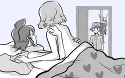 Rule 34 | 1girl, 2boys, alain (pokemon), artist request, ash ketchum, bed, caught, cheating (relationship), clothed male nude female, cowgirl position, creatures (company), death, door, game freak, gen 6 pokemon, good end, greninja, hat, heart, hug, looking at another, meme, monochrome, monster, multiple boys, netorare, nintendo, nude, pillow, pokemon, pokemon (anime), pokemon (creature), precure netorare (meme), serena (pokemon), sex, straddling, suicide, surprised, walk-in