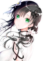 Rule 34 | 1girl, absurdres, arm cutout, arm strap, assault lily, black hair, breasts, clothing cutout, commentary request, floating hair, flower, flower knot, from side, green eyes, hair between eyes, hair flower, hair ornament, hair scrunchie, highres, lens flare, light blush, light particles, long hair, looking at viewer, looking to the side, low ponytail, medium breasts, meen (ouaughikepdvrsf), non porn, parted lips, scarf, scrunchie, shirt, side ponytail, solo, tassel, tassel hair ornament, upper body, wang yujia, white scarf, white shirt