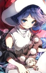 Rule 34 | 2girls, :3, = =, bare shoulders, black capelet, blue eyes, blue hair, blush, breasts, capelet, chibi, closed eyes, commentary, doremy sweet, dress, grey jacket, hat, highres, jacket, looking at viewer, mini person, minigirl, multiple girls, nightcap, piyokichi, pom pom (clothes), purple dress, red headwear, short hair, silver hair, single wing, small breasts, smile, touhou, upper body, white dress, white wings, wings