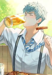 Rule 34 | 1boy, alcohol, beer, beer mug, blue hair, blue necktie, choppy bangs, closed eyes, collared shirt, cup, day, drinking, fate/grand order, fate (series), food, fork, highres, holding, holding cup, holding fork, loose necktie, male focus, mug, necktie, official alternate costume, open collar, plate, saitou hajime (fate), sausage, shirt, short hair, sitting, sleeves rolled up, solo, striped necktie, suspenders, sweat, table, teria (teriarian), tree, upper body, white shirt